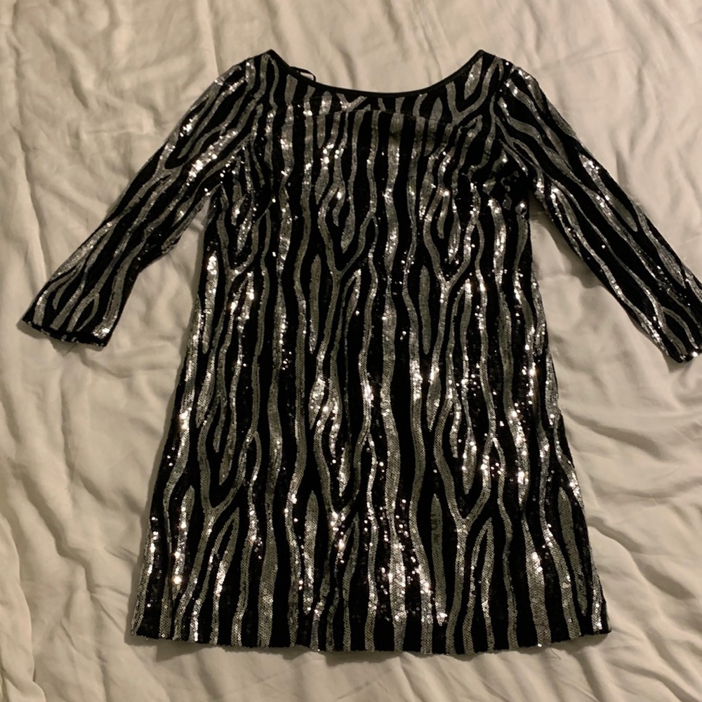 Women's Charlotte Ronson Black Silver Zebra Print Long Sleeve Sequin Dress M